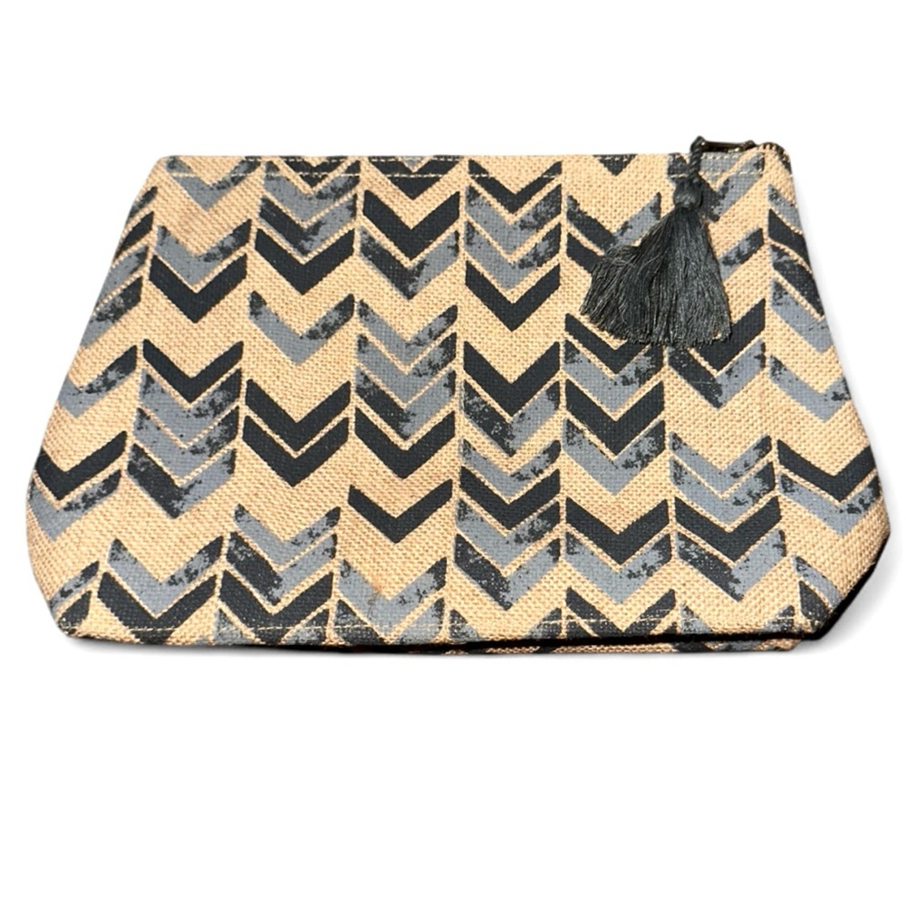 Neiman Marcus Cosmetic Pouch – Jute Make-Up Bag, Grey/Black & Tan - NWOT